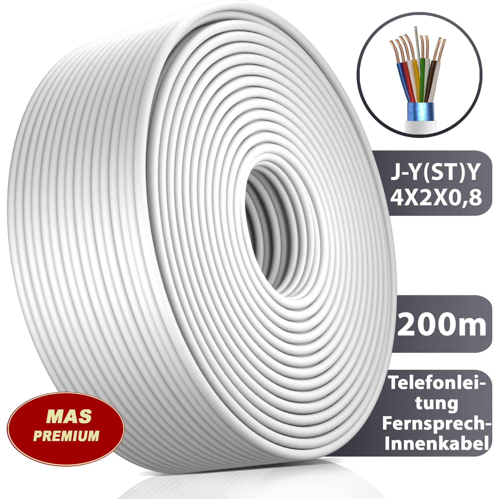 Cable de telecomunicaciones de 5 a 250 m, J-Y(ST) Y 4 x 2 x 0,8, línea telefónica, línea de timbre (200 m).