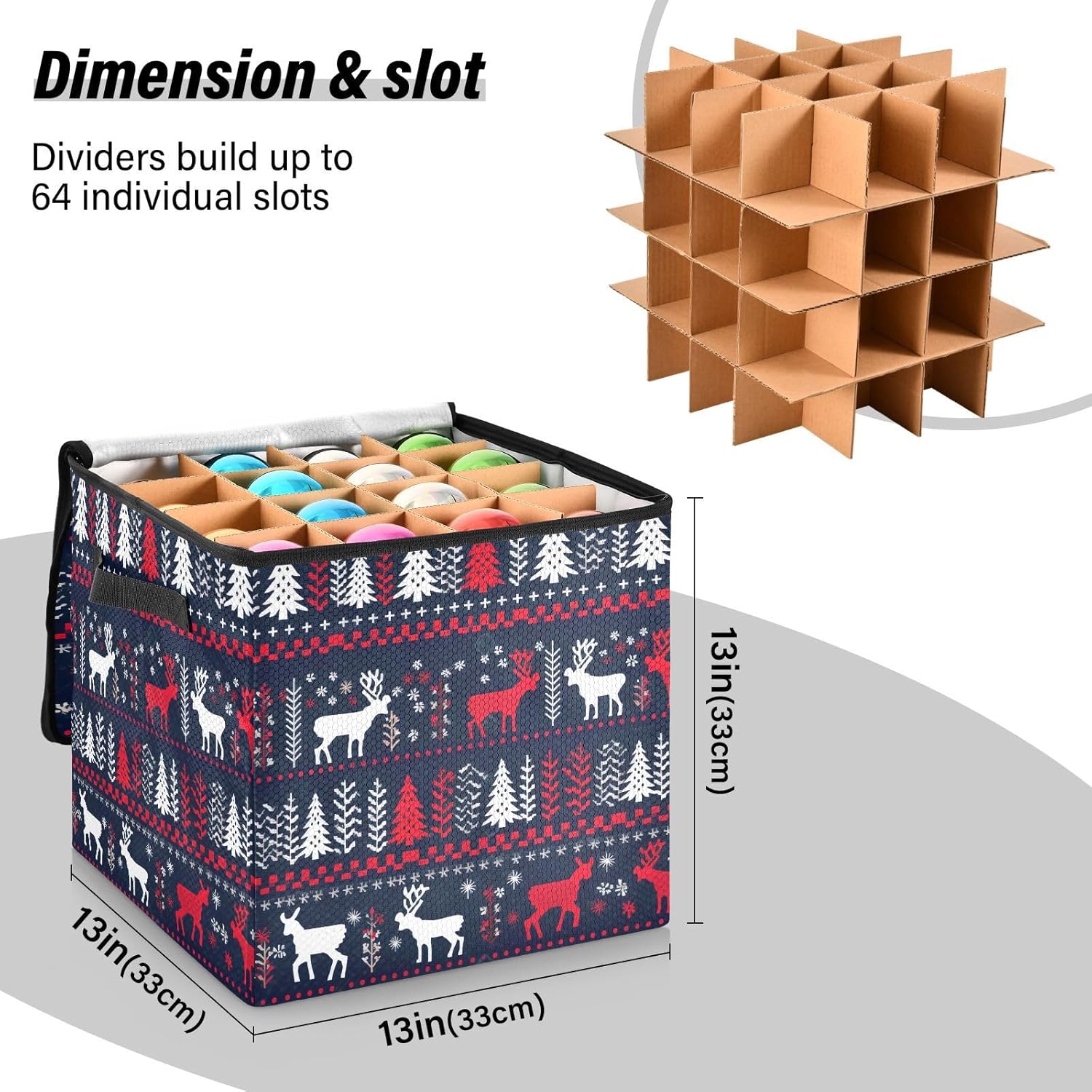 Winter Merry Christmas Christmas Ornament Storage Box for Next Season Holiday Decorations Storage Container with Adjustable Dividers & Lid Foldable Storage Bins for Organizing Ornaments Balls Decor