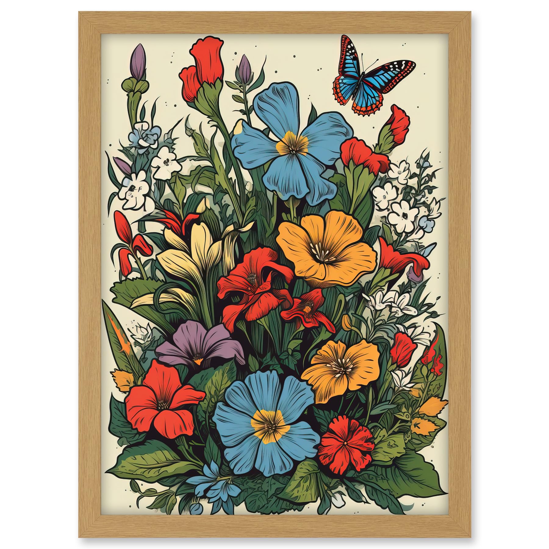 Artery8 Wildflower Meadow Colourful Tattoo Ink Body Art Rockabilly Americana 50s Artwork Framed A3 Wall Art Print