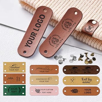 10Pack Custom Leather Tags with Rivets for Handmade Items, Personalized Engraved Leather Labels for Crochet Knitting, Cute Labels Handmade Perfect for Hats Scarves, Labels for Knits Multicolor