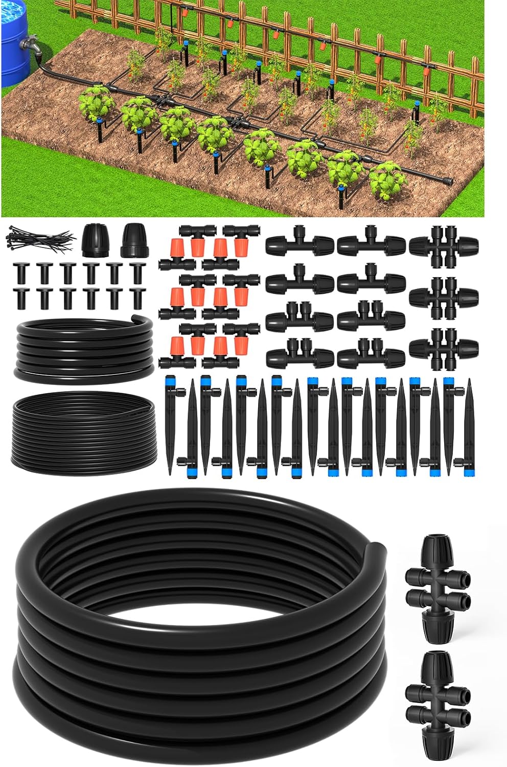 The Bundle of MIXC 101FT Micro Drip Irrigation Kit and MIXC 25FT 1/2 Inch Drip Irrigation Tubing with 2 Pack 4-Way Connectors