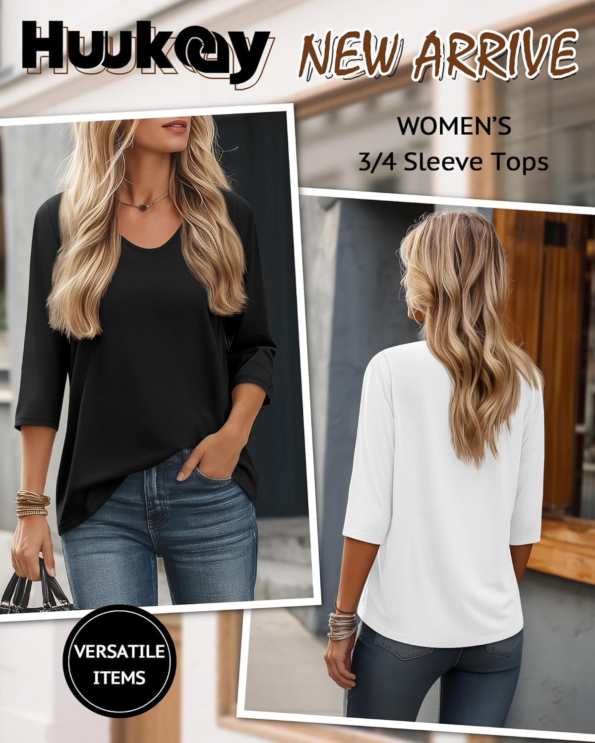 Huukeay 3 Pack Women's 3/4 Sleeve T-Shirts, V Neck Casual Tops Loose Fit Tunic Basic Tees 3/4 Length Sleeve Soft Blouses - Image 4