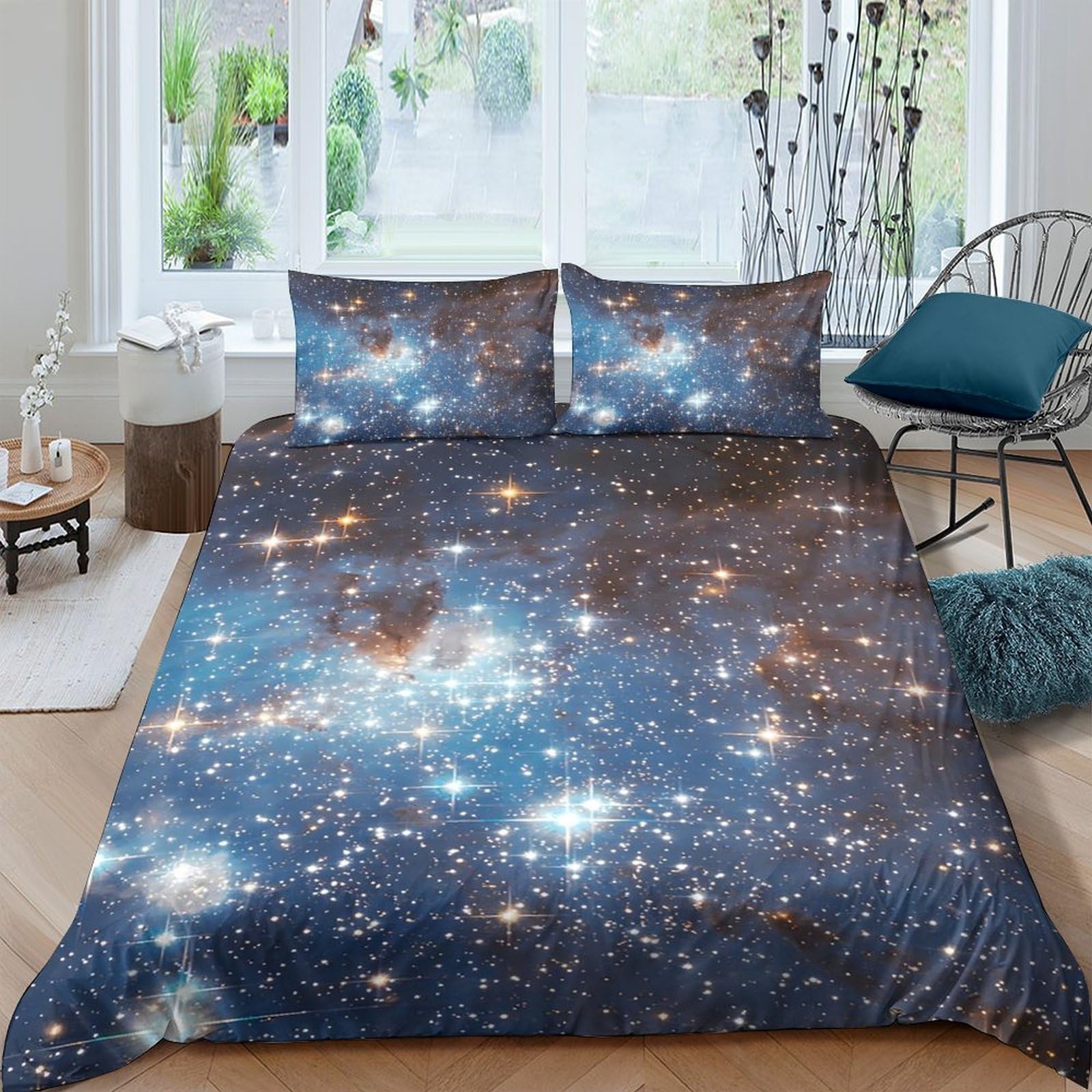 GPLZQXKJNH 3D Printed Galaxy Starry Sky Duvet Cover Set Microfiber Soft for Bedroom Home with 2 Pillowcases Cosmic Nebula Single（135x200cm）