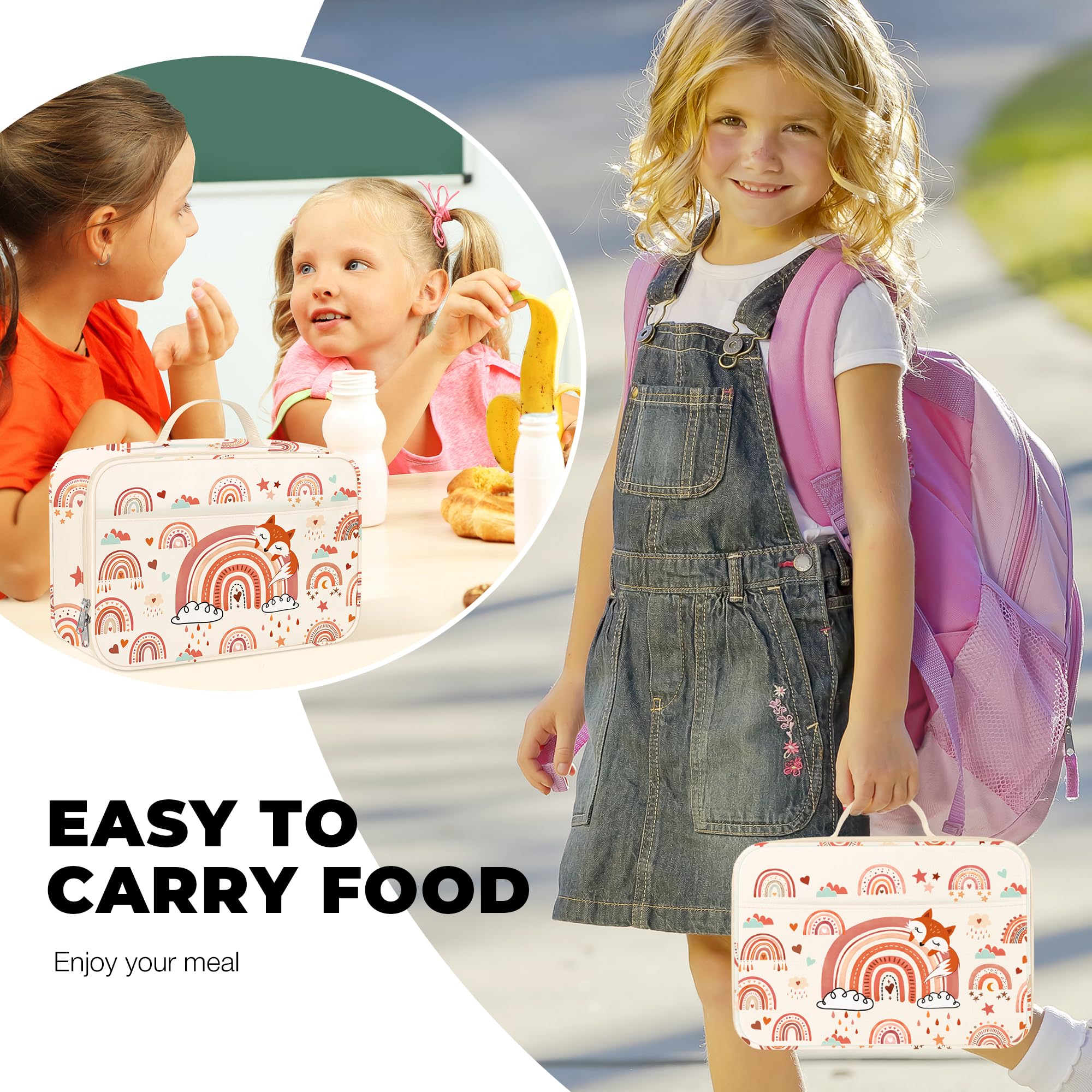 Clastyle Pink Rainbow Animals Kids Lunch Bag Large Thermal Cooler Bag for Girl Picnic School Toddler Lunch Box Tote, Fox - Image 2