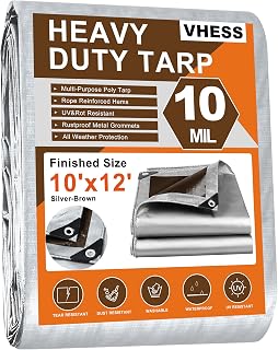 VHESS Heavy Duty 10x12 Waterproof Tarp, 10 Mil Thick UV Tear Fade Resistant Poly Cover for Roof, Camping, Boat, Pool, Patio