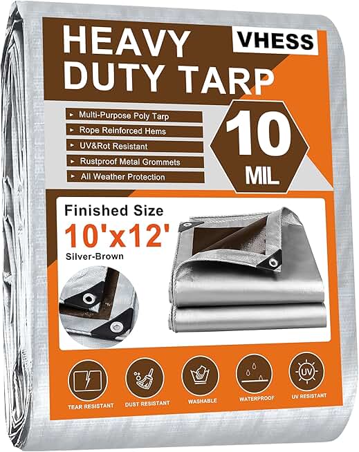 Tarps Heavy Duty Waterproof 10’ X 12’, 10 Mil Multipurpose Poly Tarp Cover, tarp Waterproof UV Resistant Tear&amp;Fade Resistant, Outdoor Tarpaulin for Roof, Camping, Patio, Pool, Boat, Car