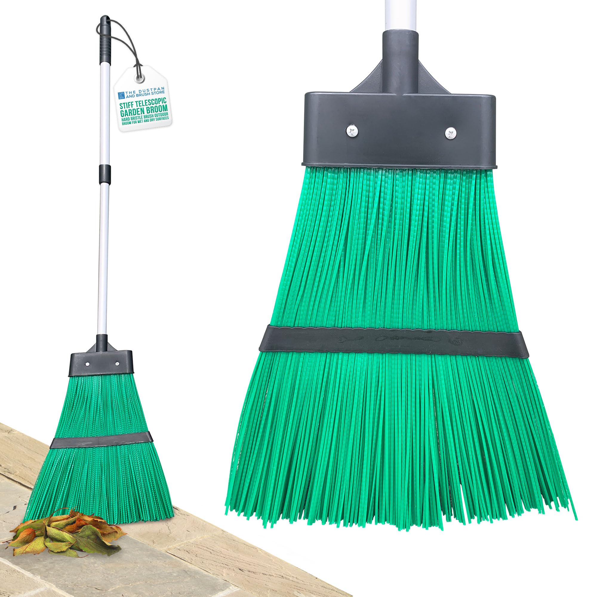 Tdbs The Dustpan And Brush Store Green Telescopic Stiff Garden Broom Outdoor Yard Sweeping Brush With Stiff Hard Synthetic Bristles - Synthetic Lawn Corn Broom Perfect For Artificial Grass
