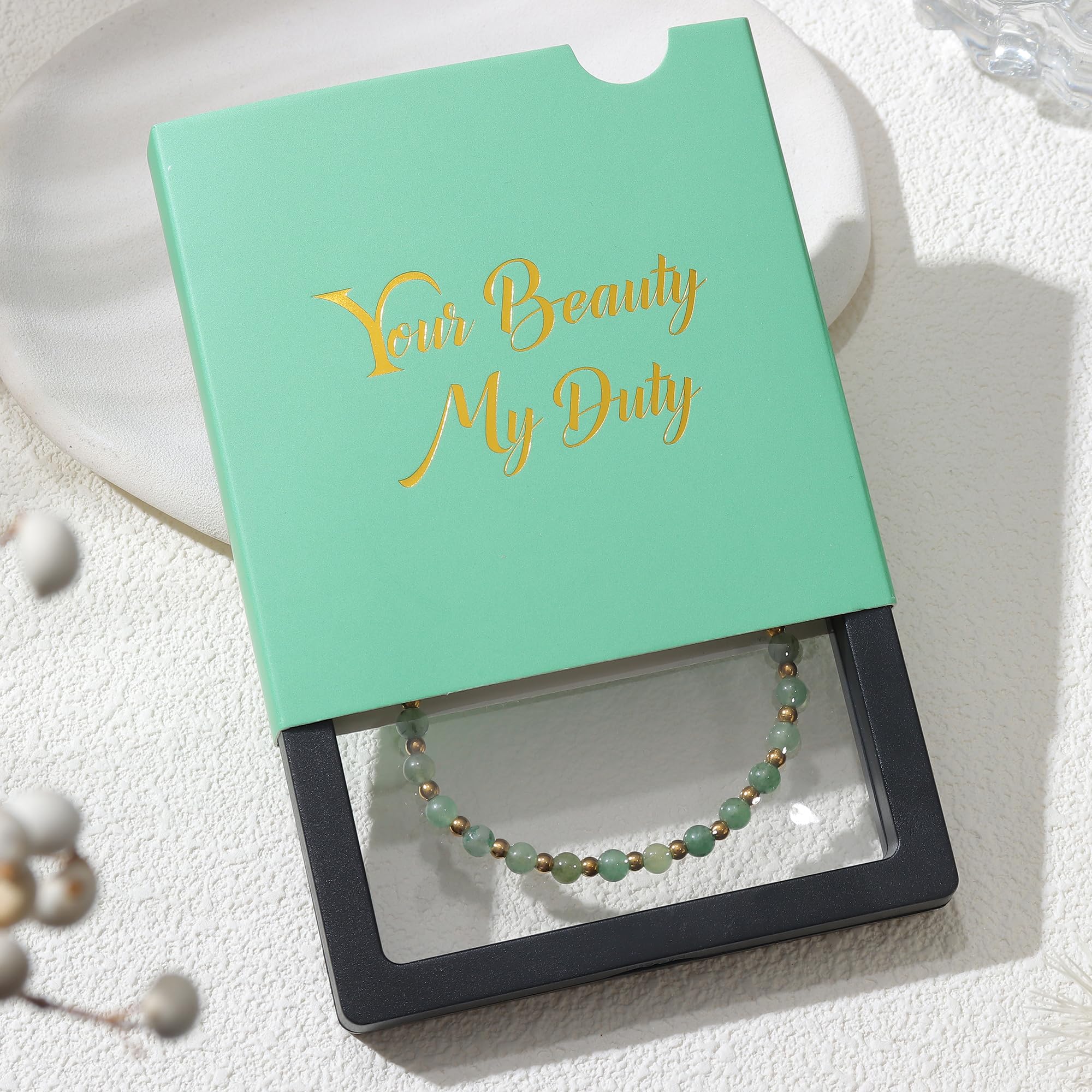 YCTTKDD Pulseras de Cuentas para Mujeres y niñas: Piedra Natural de 5 mm, Cuentas de Acero Inoxidable de 3 mm, joyería Boho de Cristal chapada en Oro Ajustable con Caja de Regalo