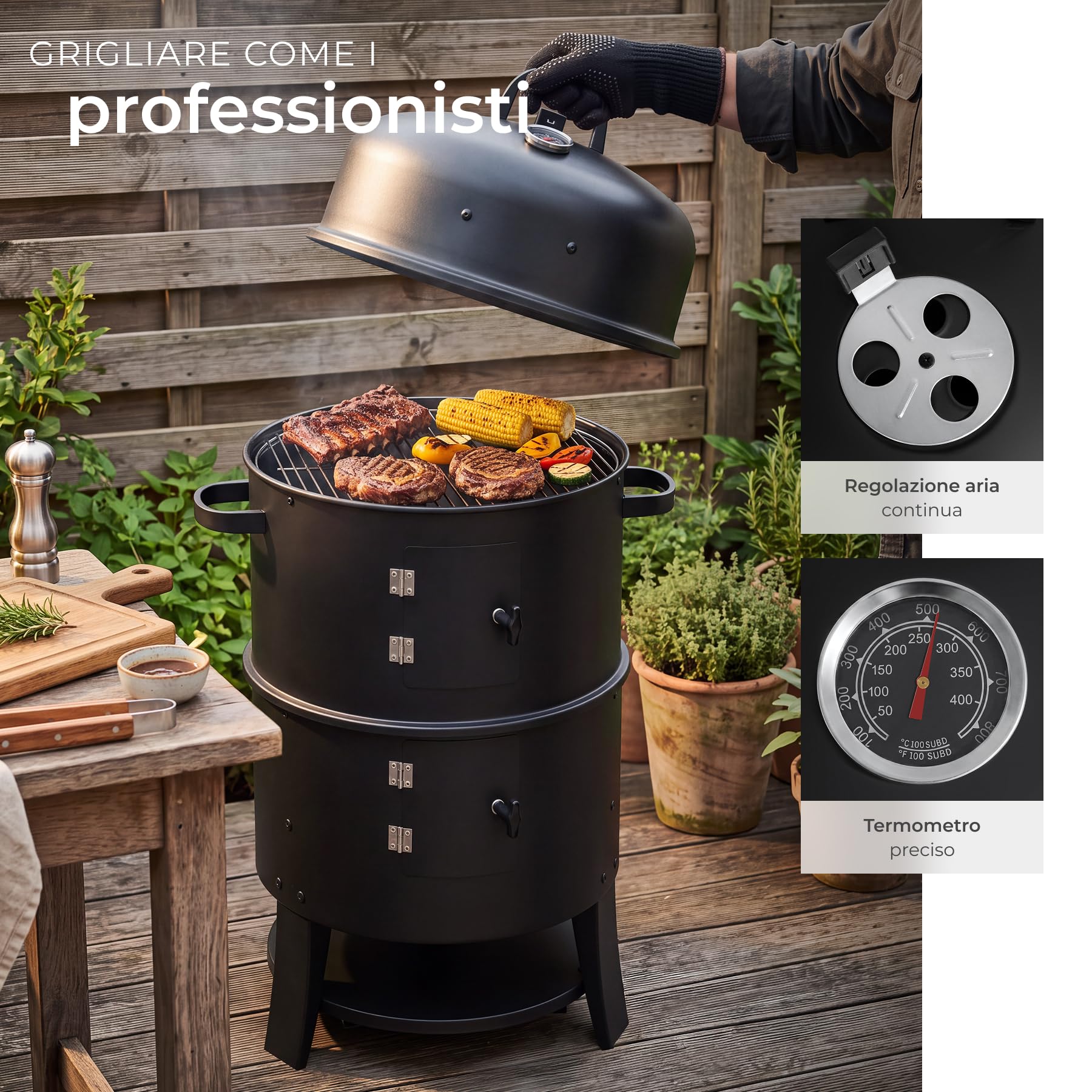 tectake® Affumicatore a Barile Ø 41 cm, 3 in 1, 2 Roste, Con Termometro | Affumicatore da Giardino per Grigliare, Affumicare, Cuocere, Sfiato Regolabile, Griglia Carbonella, Vaschetta Acqua - Nero