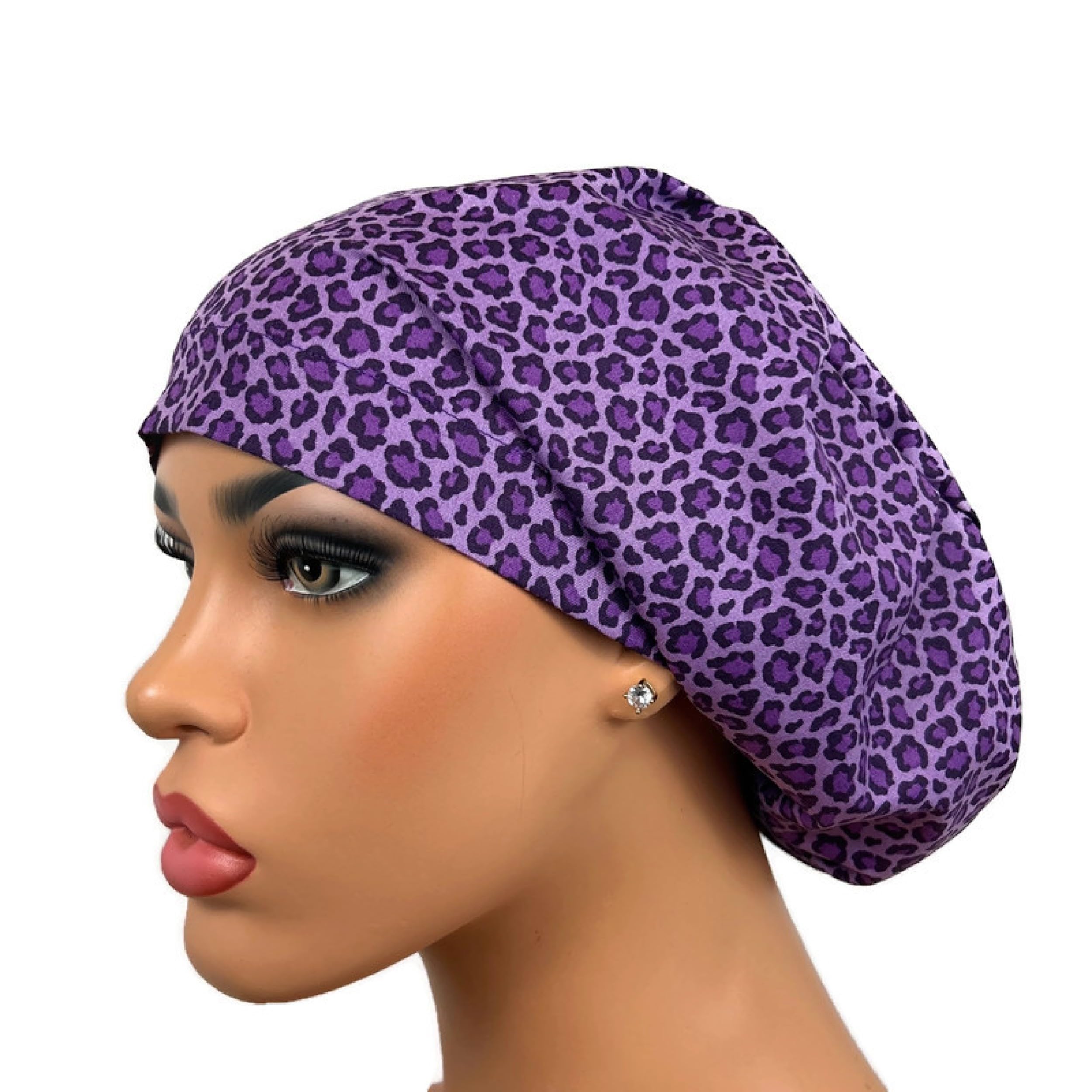 Surgical Cap, Euro Scrub Hat for Nurses, Adjustable Cotton Bouffant, Purple Cheetah