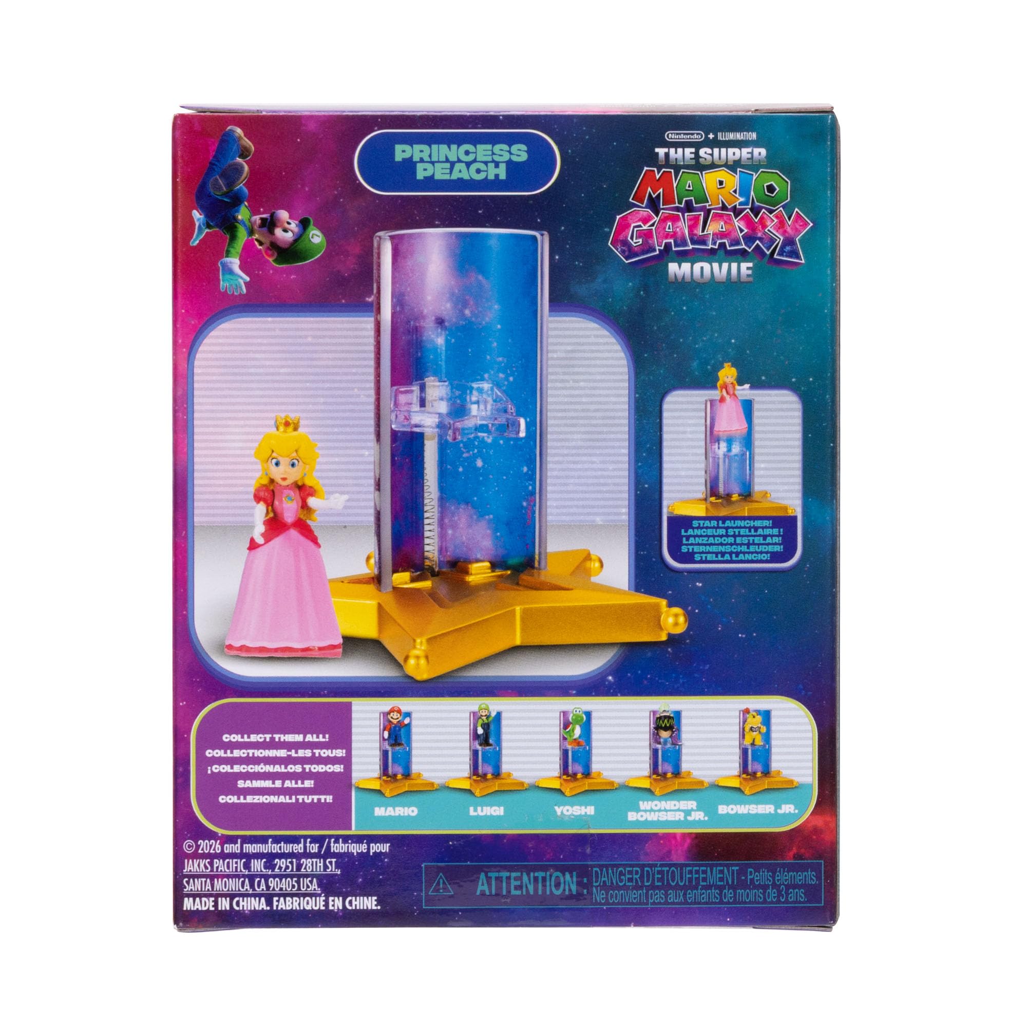 Zestaw figurek akcji 1,5" i wyrzutni gwiazd z filmu Super Mario Galaxy, oficjalnie licencjonowany, 6 figurek i sprężynowe podstawki, zawiera Mario, Luigi, Peach, Bowser Jr., Wonder Bowser Jr., Yoshi