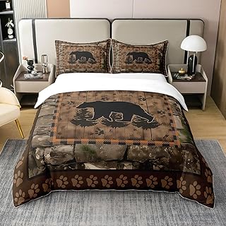 Juego de funda de edredón con diseño de oso de animales salvajes para niños y niñas, estilo rústico, 100 % algodón, decoración de habitación, huella de oso, color marrón, 3 piezas