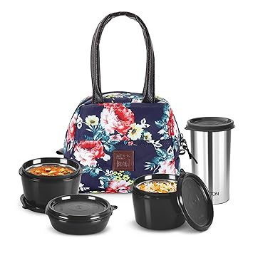 Floret Tiffin (3 Microwave Safe Inner Steel Containers, 180/320 /320 ml; 1 Stainless Steel Tumbler with Lid, 415 ml) with Insulated Fabric Jacket, Navy Blue | Lunch Box | Office