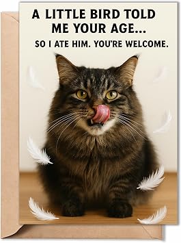 Funny Birthday Cards for Men, Women, Cute Cat 5x7 Card with Envelope
