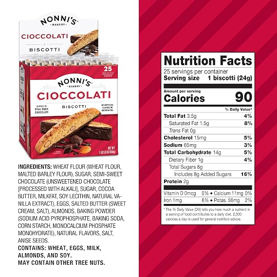 Nonni's Biscotti Value Pack, Cioccolati Dark Chocolate Almond, 50 Count