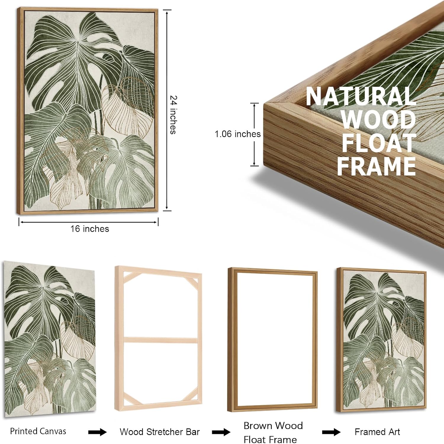 Large Framed Canvas Wall Art - Natural Float Framed Green Plantain Leaves Pictures Decor Brown Leaf Lines Painting Prints Rustic Botanical Artwork for Bedroom Living Room Decoration 48" X 24" Set of 3