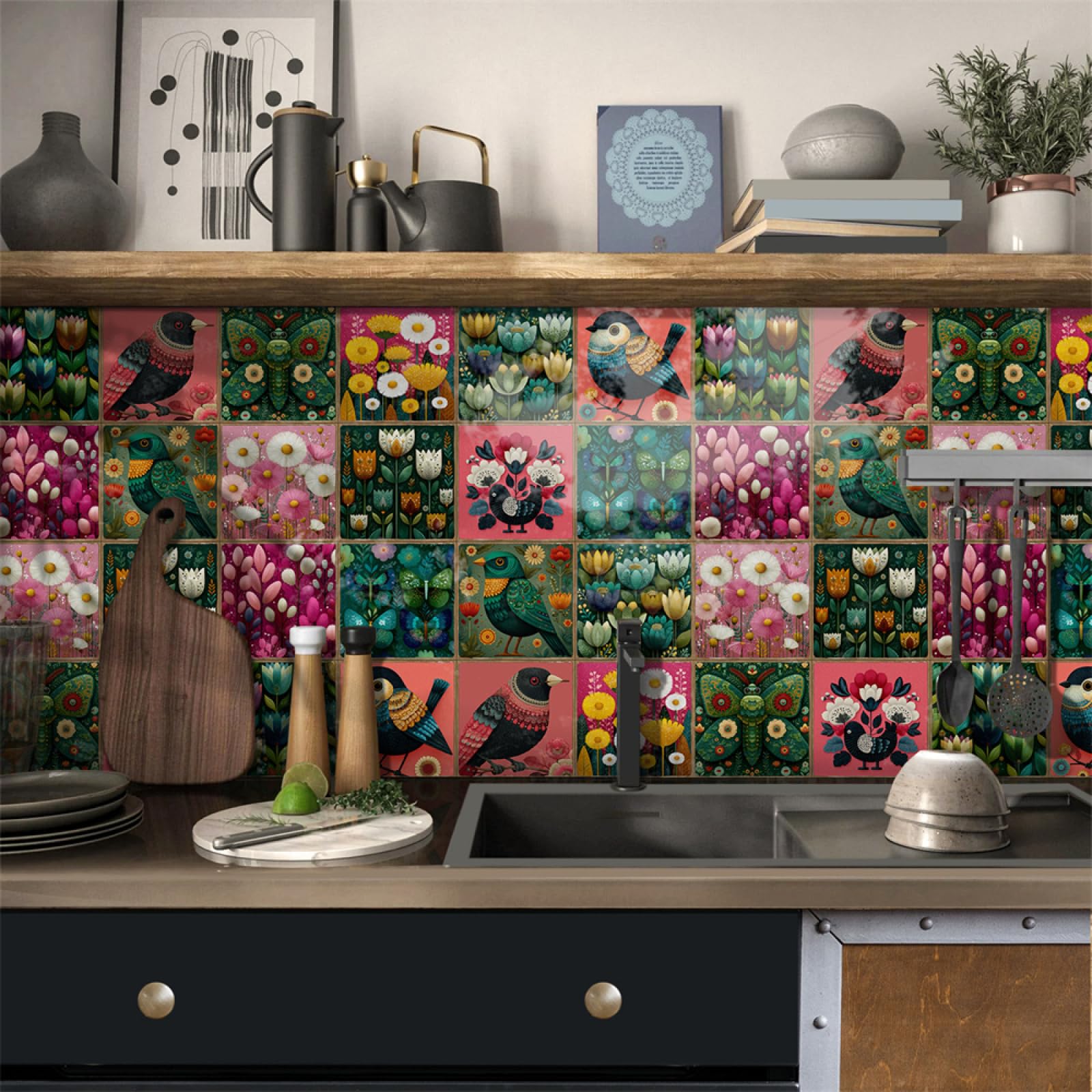 Adhesivos para azulejos, Pegatinas de pared autoadhesivas vinilo con diseño pájaros, resistentes al agua y aceite, for decoración del hogar(15X15CM/24PCS)