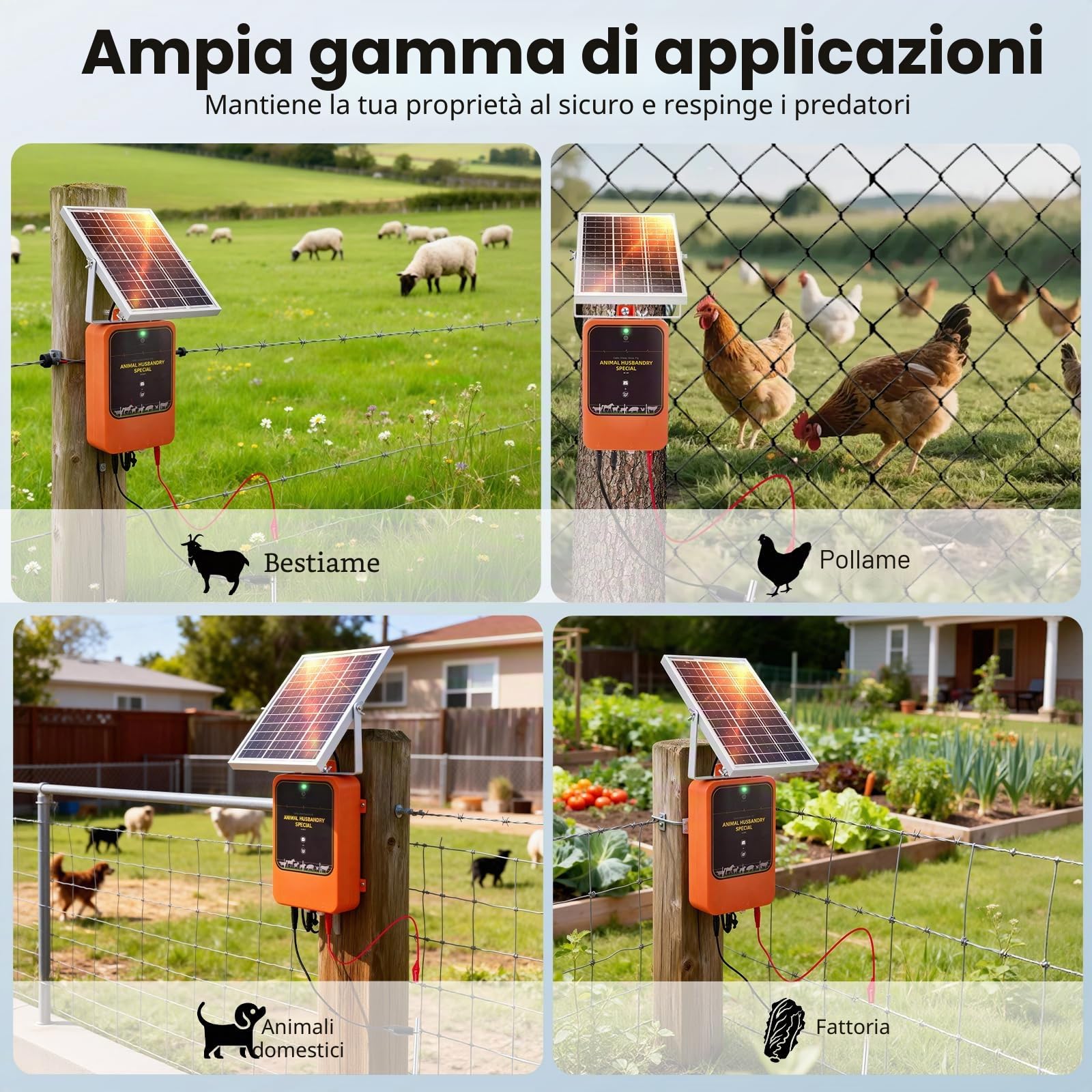 Elettrificatore per Recinti Solare 10km, 1.2J 12kV Caricabatterie per Recinti Ricaricabile con Pannello Solare & Adattatore AC, IP65 Impermeabile per Bestiame, Fattoria, Pascolo, Pollame