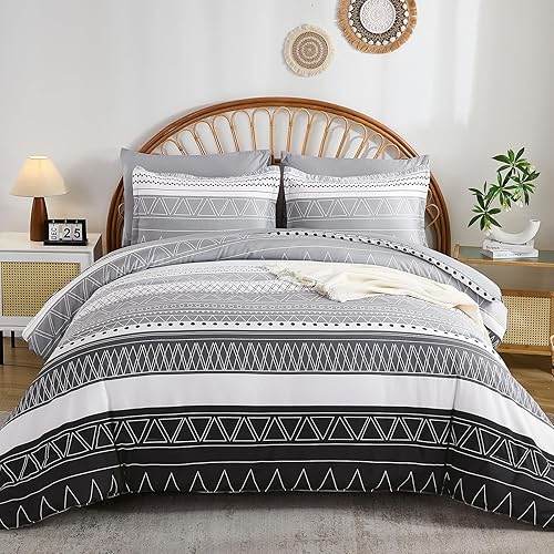WONGS BEDDING King Size Comforter Set 7 Pieces, Boho Grey White Geometric Striped Comforter for King Bed in a Bag, Soft Microfiber Bedding Set with Pillowcases, Flat Sheet, Fitted Sheet, Pillow Shams