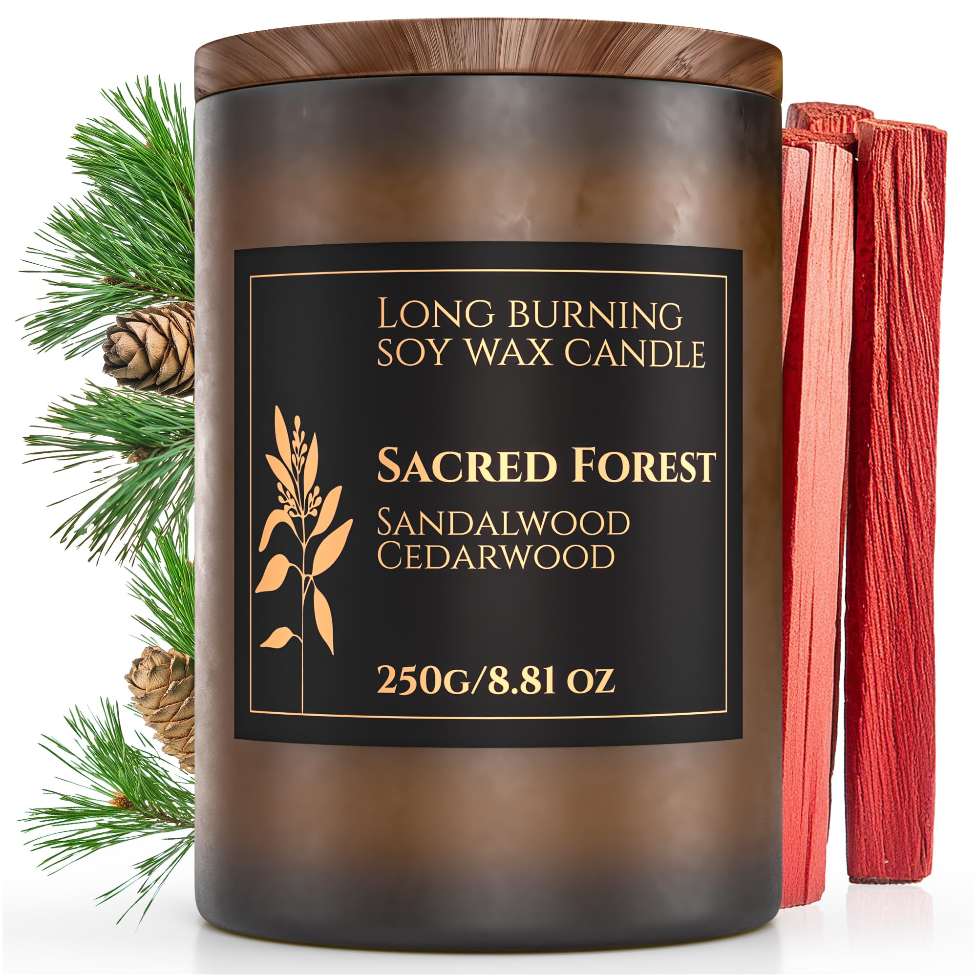 Sacred Forest Cedar & Sandalwood Candle | Scented Candle for Relaxing Aromatherapy | 60H Burn Time | Infused with Essential Oils | Natural Soy 8.81 Oz