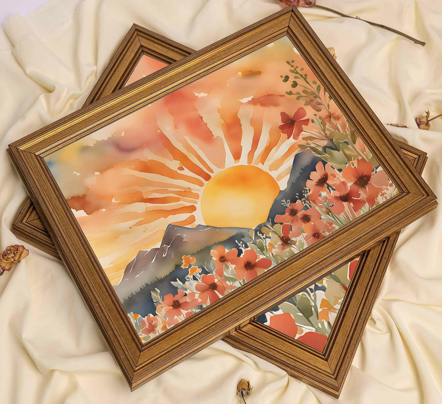 Gold Framed Wall Art Boho Canvas Art Prints Sun Pictures Wildflower Paintings Landscape Wall Decor Watercolor Artwork for Bedroom Home Office 12x16in