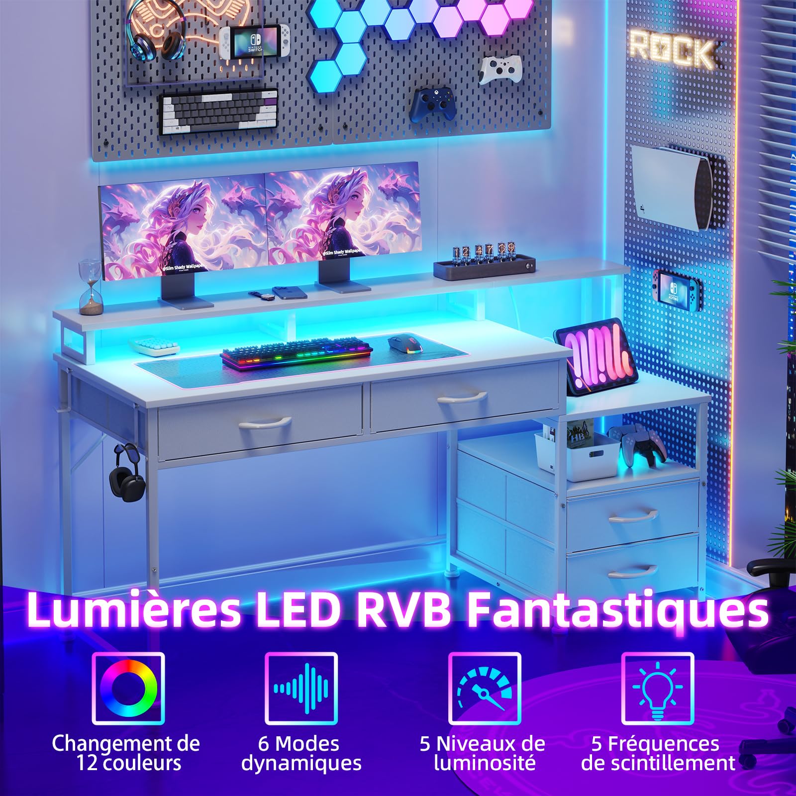 CAIYUN Bureau Gaming LED, Bureau Gamer avec Rangement, Bureau Gamer avec 4 Tiroirs & Prise Intégrée, Réversible Table Ordinateur avec Tablettes de Rangement & Support Moniteur (Blanc)