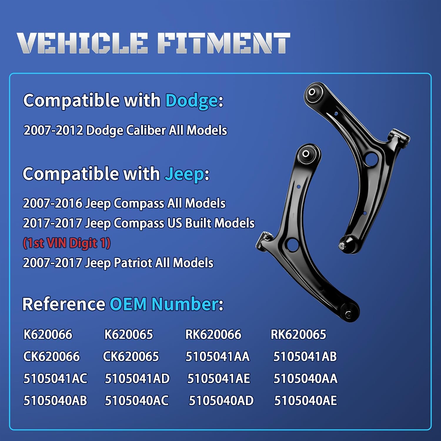 2Pcs Front Lower Control Arm with Ball Joint Compatible with Jeep Compass Patriot & Dodge Caliber 2007 2008 2009 2010 2011 2012 2013 2014 2015 2016 2017 Replaces K620066, K620065