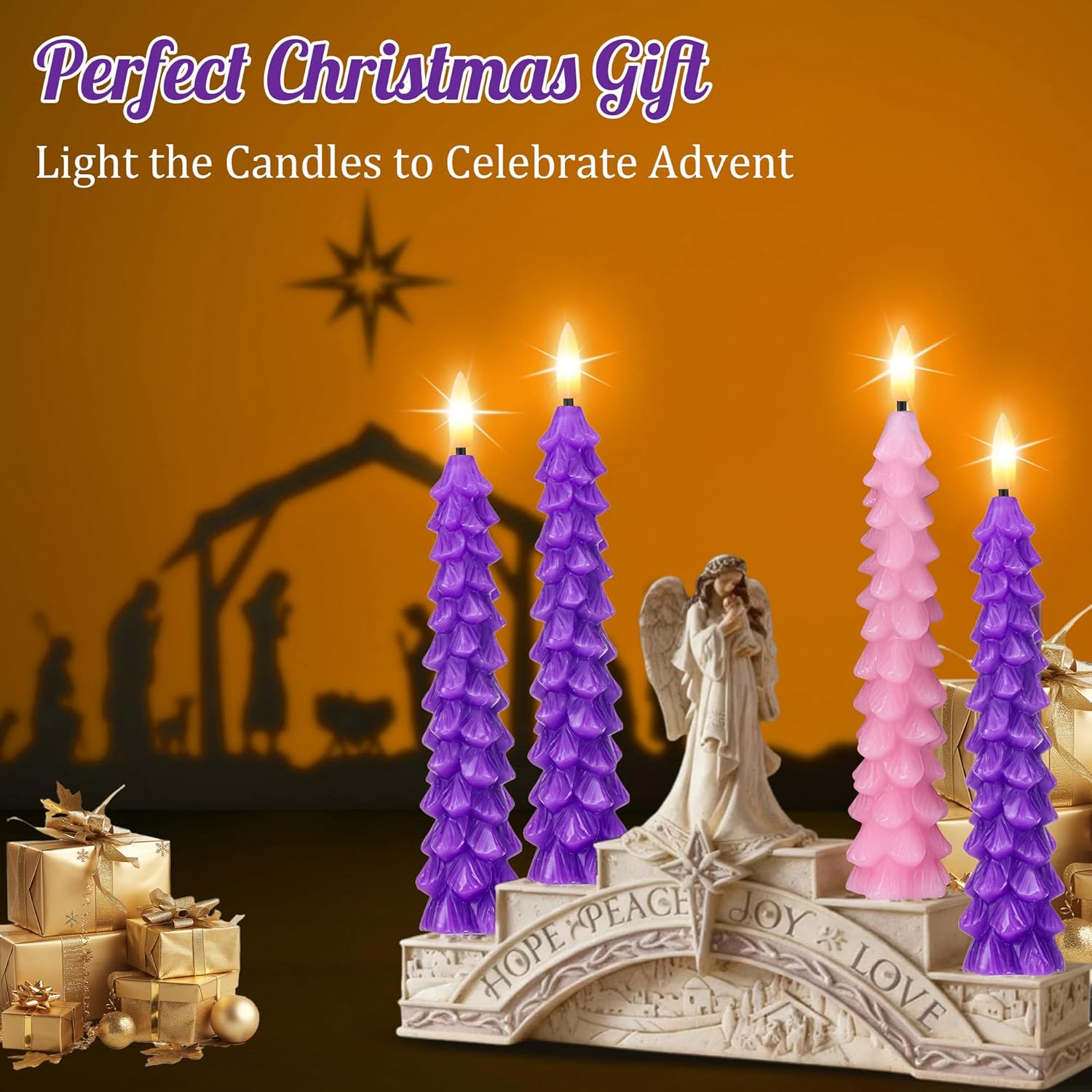Enhon Flameless Advent Candles Set of 4, 10” Real Wax LED Taper Candles for Advent Wreath, Realistic 3D Flames, Battery Operated, Remote Control, Flickering Candle for Christmas Church Celebration