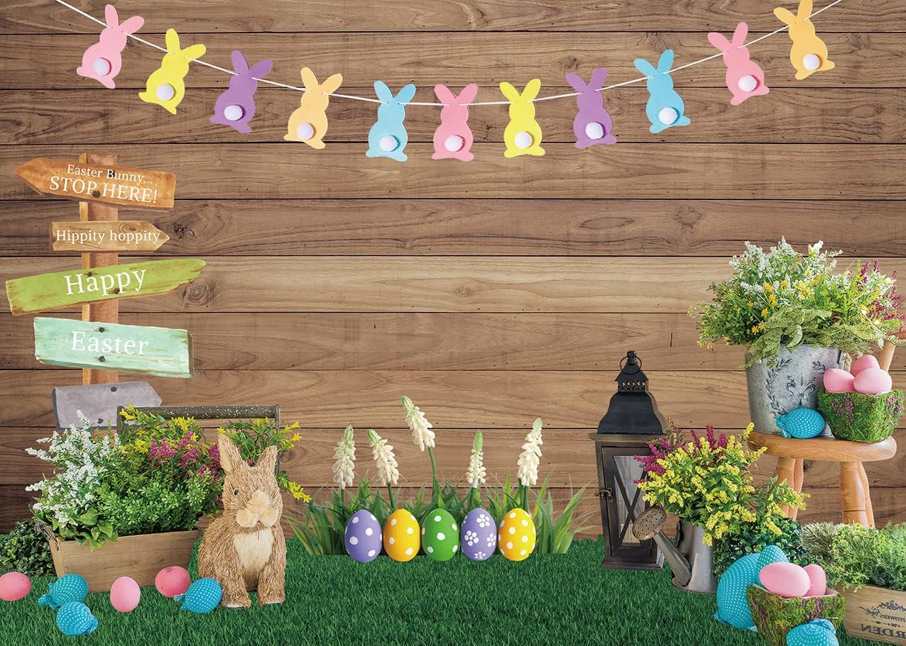 INRUI Happy Easter Photography Backdrop Rabbit Eggs Wooden Wall Flowers Grass Baby Shower Party Decorations Banner (10x8FT)