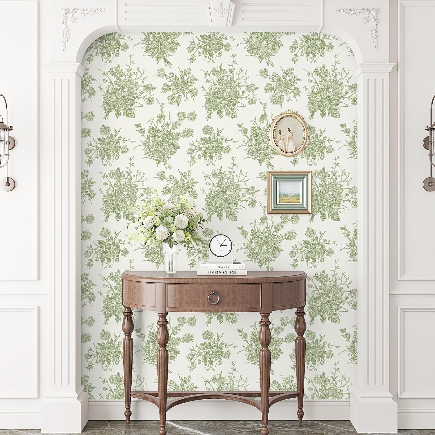 Vintage Sage Green Floral Wallpaper Peel and Stick Cream French Country Floral Contact Paper Removable Neutral Flower Wallpaper for Bedroom Cabinets Shelf Liners Boho Wall Paper 17.5” x 118”