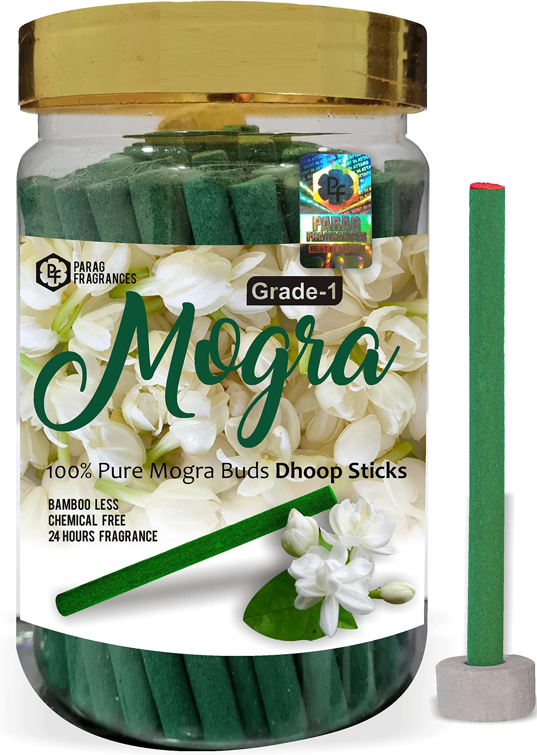 Mogra Dhoop Sticks/Dhoop Batti Grade-1 Jar (Pack of 1 x 200Gm) Long Lasting Perfume for 24 Hours Home Fragrance/Meditation/Dhoop for Pooja/Free Dhoop Holder Inside