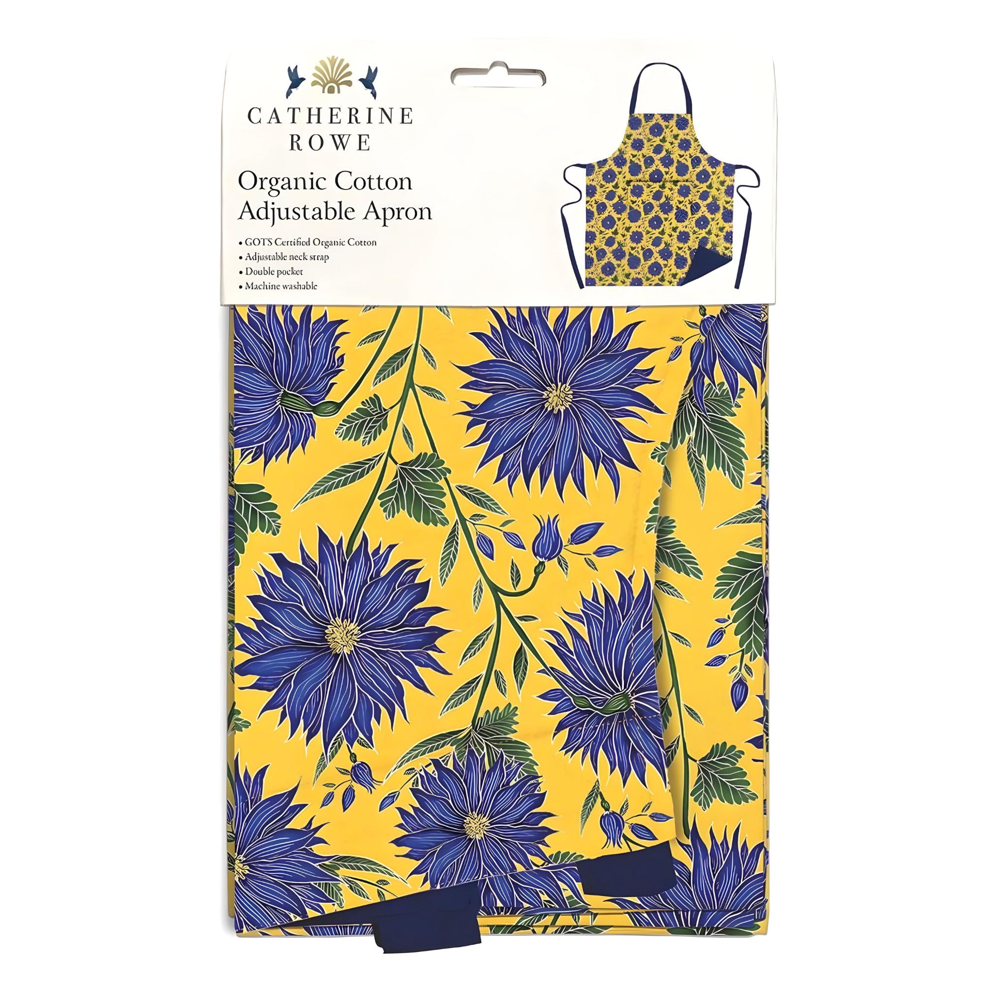 Museums & Galleries Tablier réglable – Fleurs bleues par Catherine Rowe – Motif floral artistique – Coton bio – Accessoire élégant pour la maison, Multicolore, 73 x 80 x 0.5 cm
