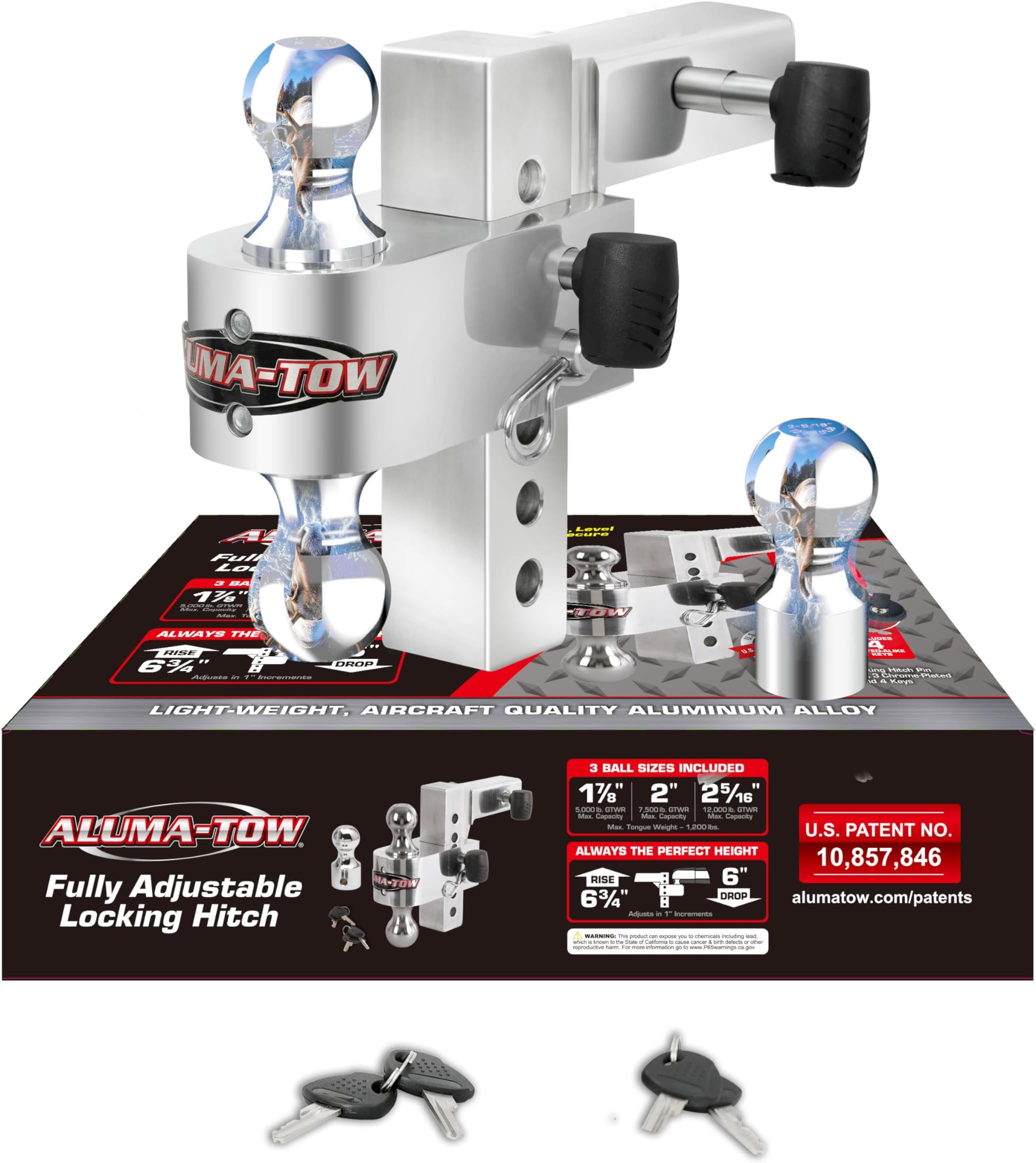 Aluma Tow Adjustable Lightweight Aluminum Alloy Trailer Hitch Interchangeable Ball Mount with 6 Inch Drop Distance