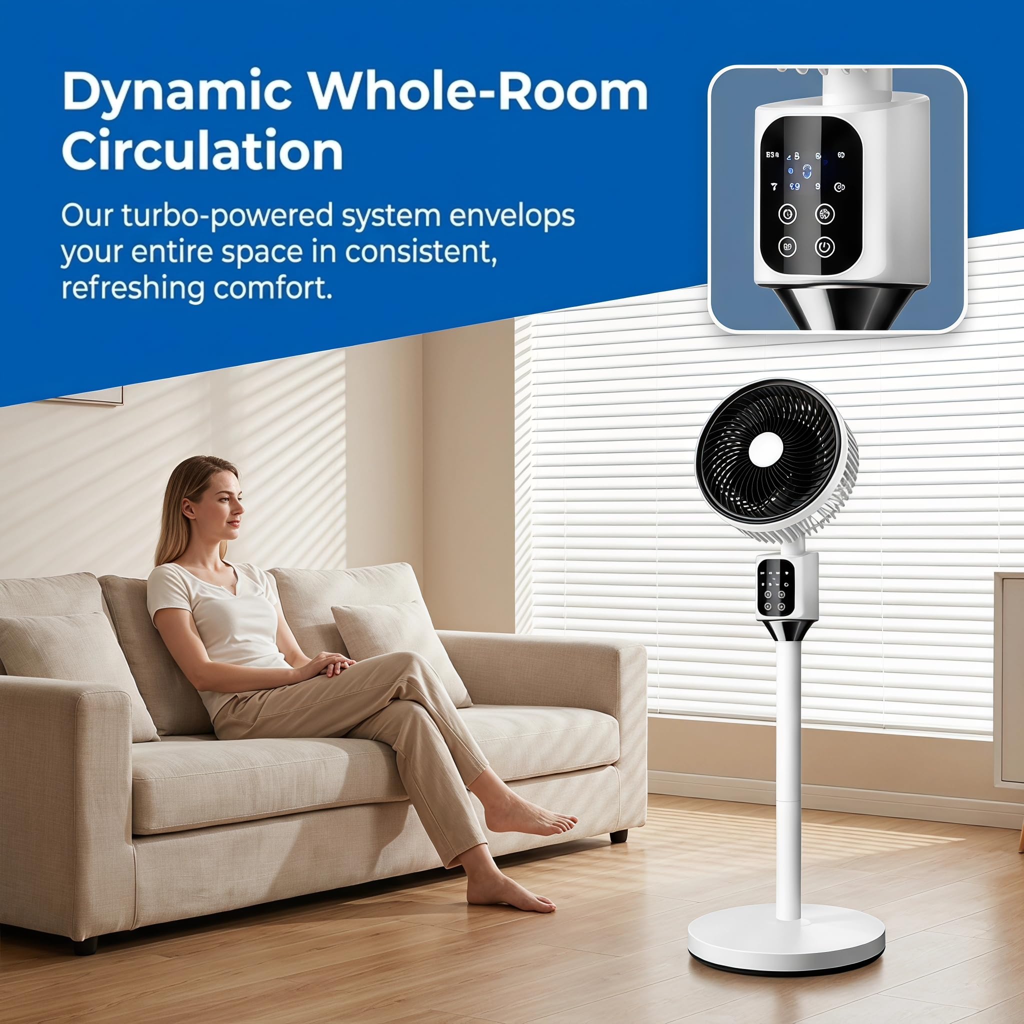 Ventilatore a Colonna Silenzioso, Ventilatore a Circolazione d'Aria a Piantana con Telecomando, Ventilatore 2 in 1 Tavolo e Pavimento, Oscillante 3 Velocità, Timer 7.5h e Modalità Sonno