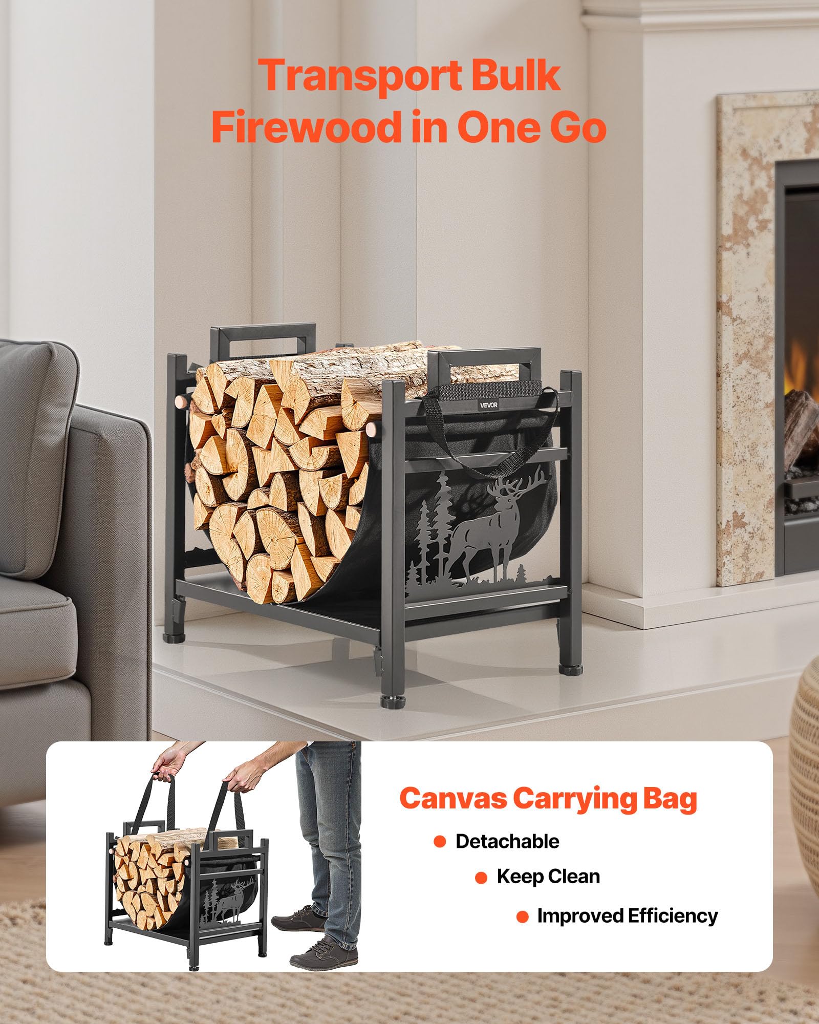 VEVOR Estante de Leña 450 x 315 x 415 mm Marco de Metal con Recubrimiento en Polvo Soporte de Leña Capacidad de 18,1 kg con Portador de Transporte de Lona Leñero Resistente para Chimenea, Negro