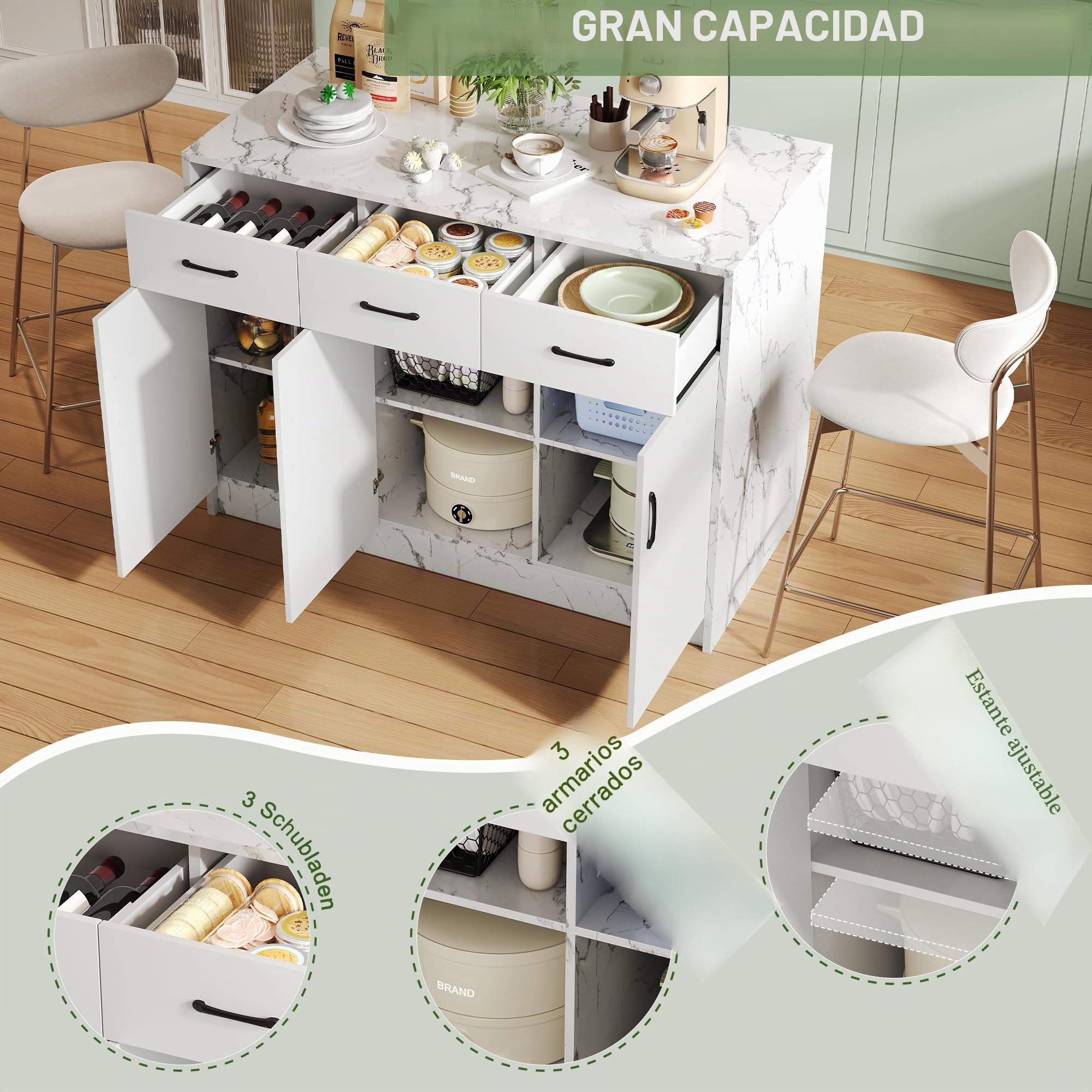 Gran isla de cocina, 3 cajones y 3 puertas, diseño de mármol blanco, estantes ajustables, ideal para cocinas familiares, diseño de área de bar - Utensilios de cocina elegantes y prácticos (Mármol
