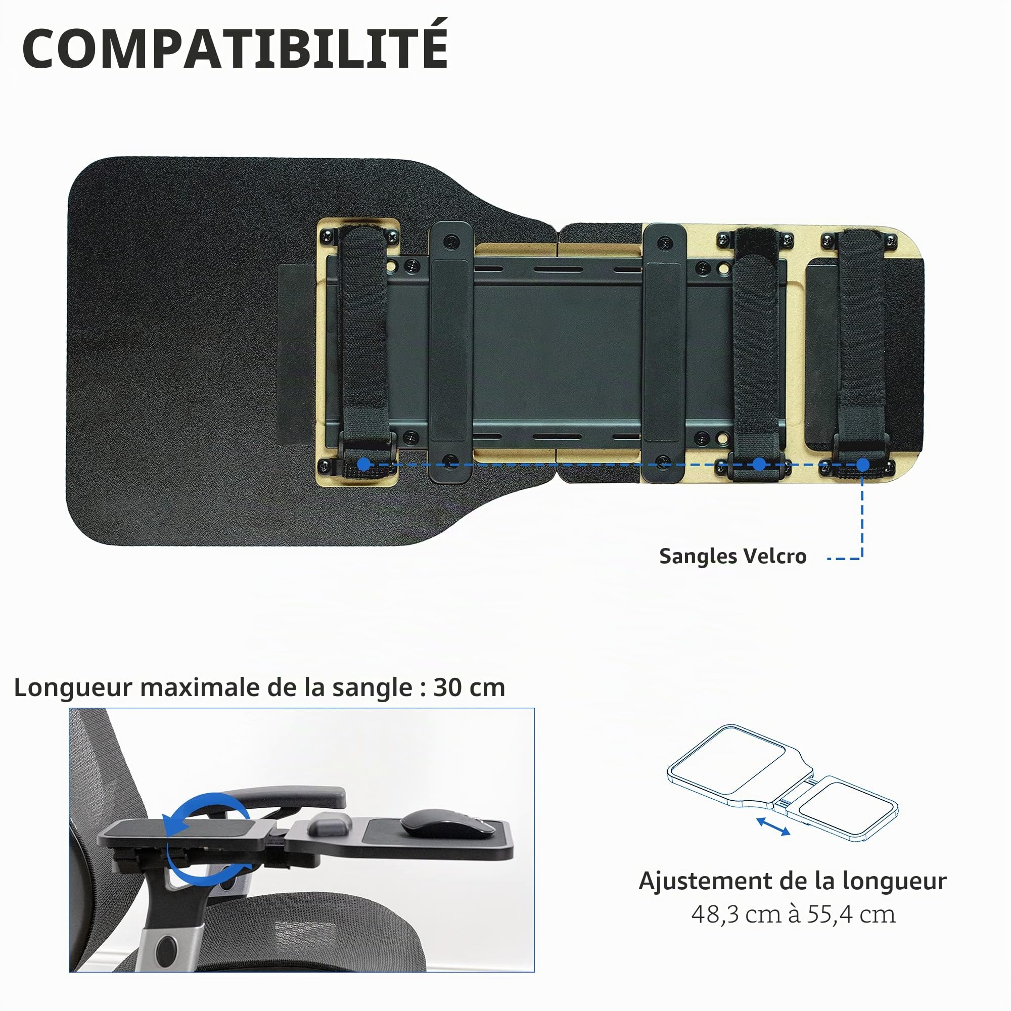 Vivo MOUNT-MS02D Tapis de Souris avec Repose-Poignet en Bois à Longueur réglable et Plateau Plateforme d'extension, se Fixe à la Chaise avec Sangles, Noir