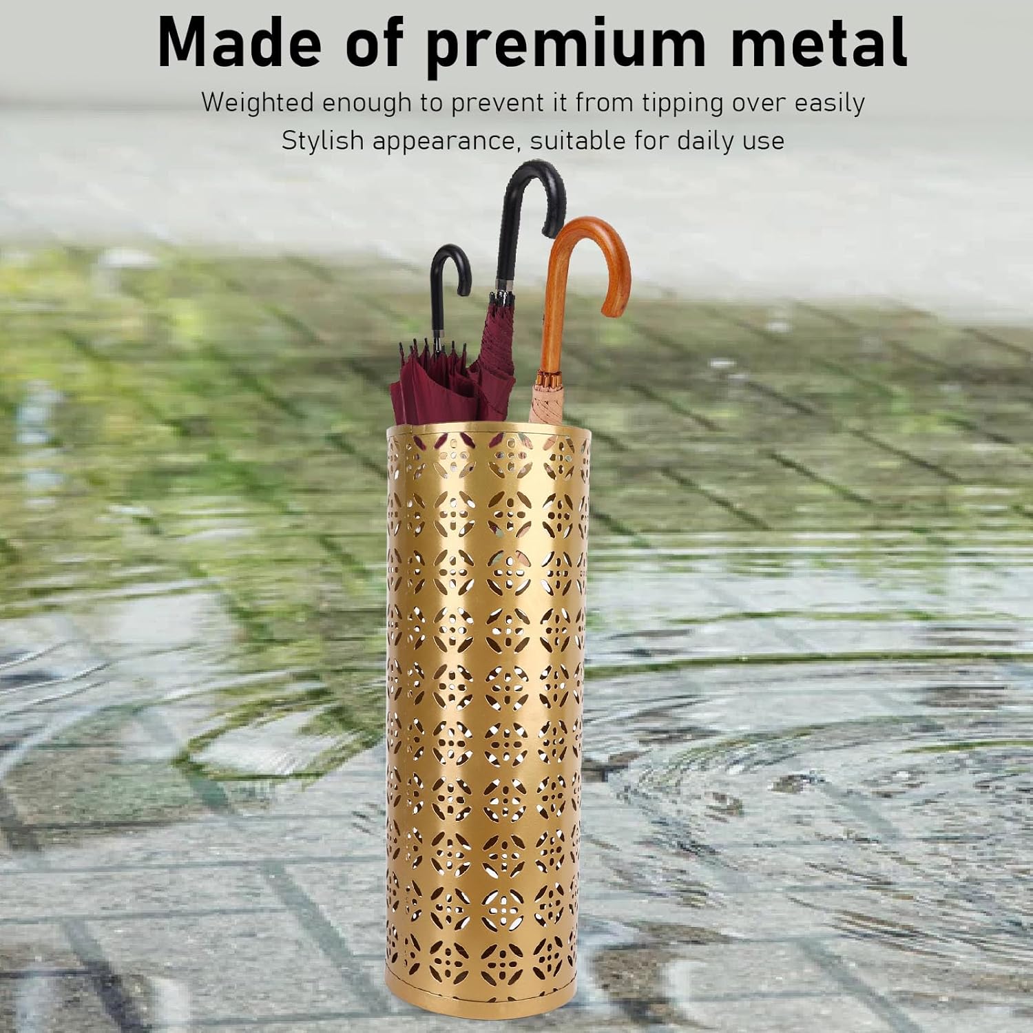 Fockety Metal Umbrella Holder, Round Proof Umbrella Storage Organizer Hollow Copper Pattern Umbrella Organizer Bin Umbrella Stand Rack for Home Entryway Hotel Office Decor (L