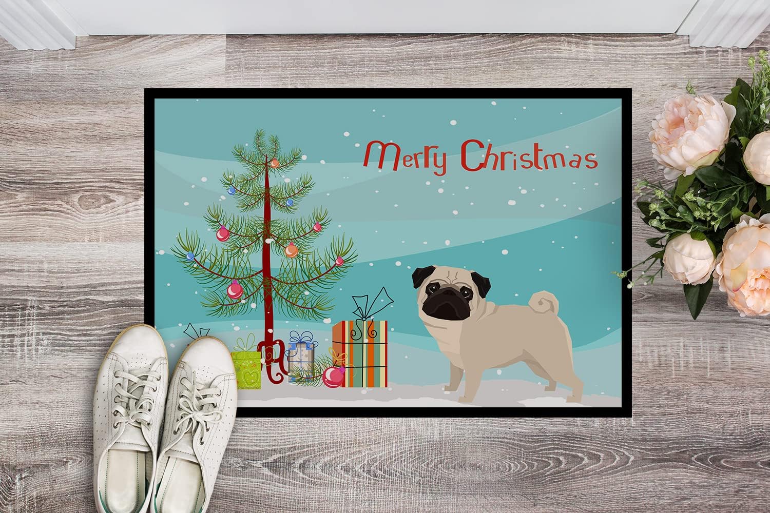 Caroline's Treasures CK3557MAT Pug Christmas Tree Doormat 18x27 Front Door Mat Indoor Outdoor Rugs for Entryway, Non Slip Washable Low Pile, 18H X 27W