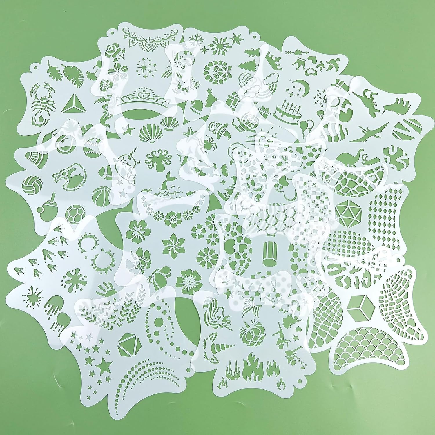 16 PCS Face & Body Painting Stencils - 121 Patterns, Reusable Mermaid Scale & Flower Face Tattoo Stencils for Christmas, Halloween Party