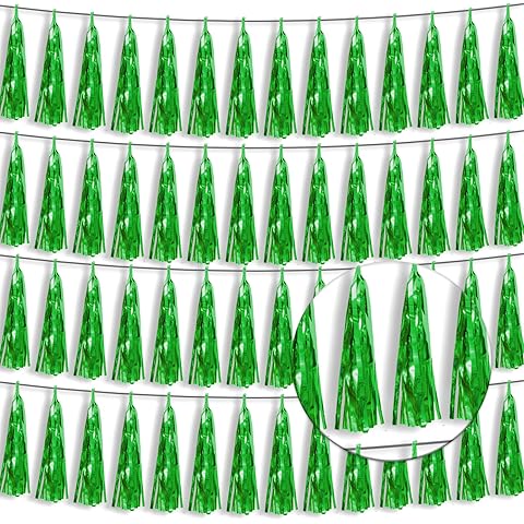 4P Green Foil Fringe Tassel Banner Garland Metallic Tinsel Streamers Wall Hanging Curtain Backdrop Banner for Parade Floats, 2024 Graduation Decorations, Father's Day Party Decoration
