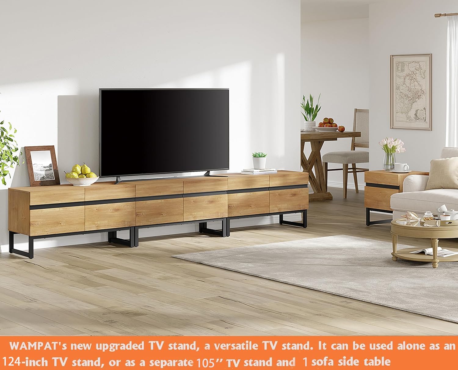 WAMPAT Modern TV Stand for TVs up to 110 inch TV, 4 in 1 Entertainment Center TV Console with Storage Cabinets and Metal Base,Media Console for Living Room, Oak