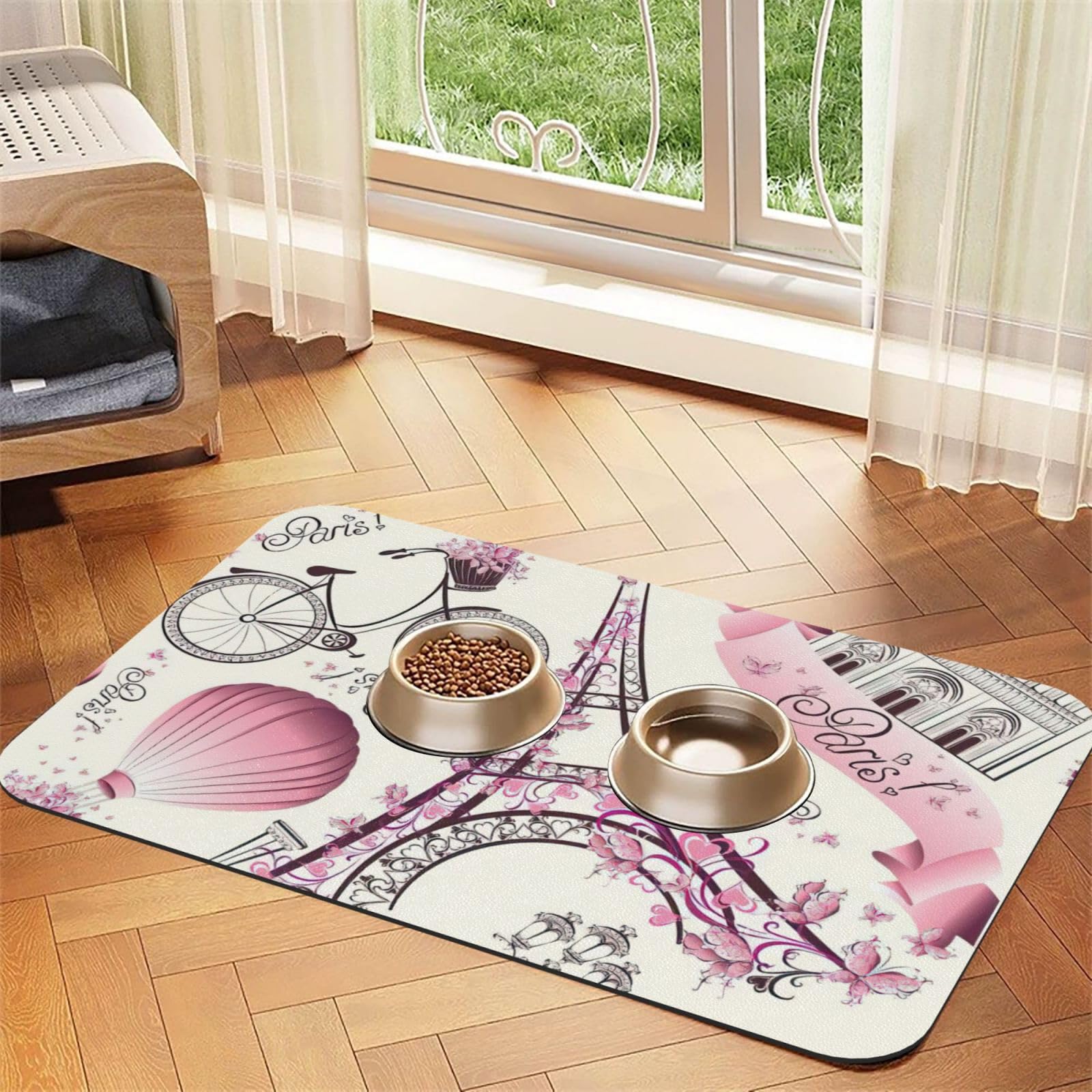 Tapis d'alimentation en cuir PU premium imperméable motif Paris pour chat