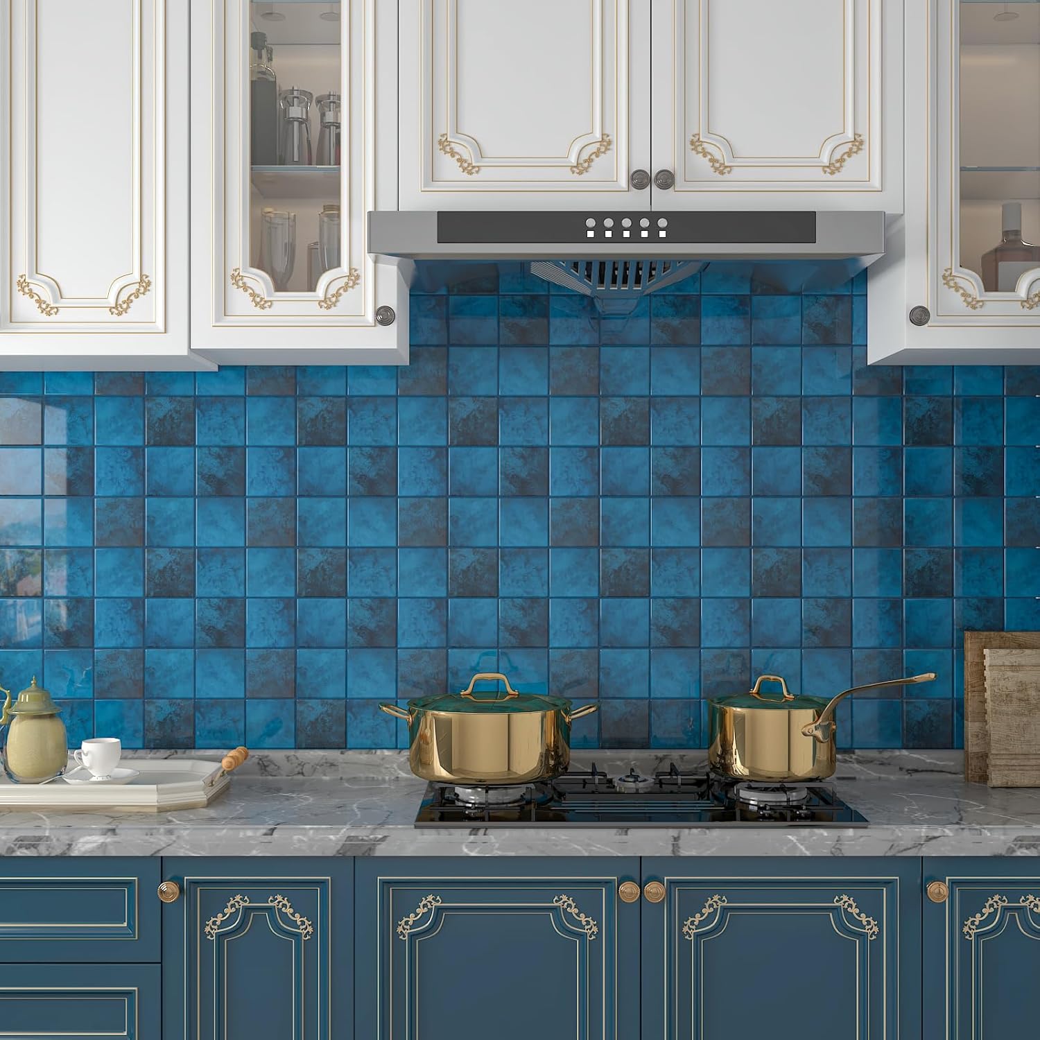 CHIHUT 12''x12'' Dark Blue Stick on Backsplash Tiles for Kitchen 16 Sheets 3D Marble Square Peel and Stick Backsplash Thick Self Adhesive Waterproof Bathroom Tiles Thick Vinyl Decorative Wall Decor