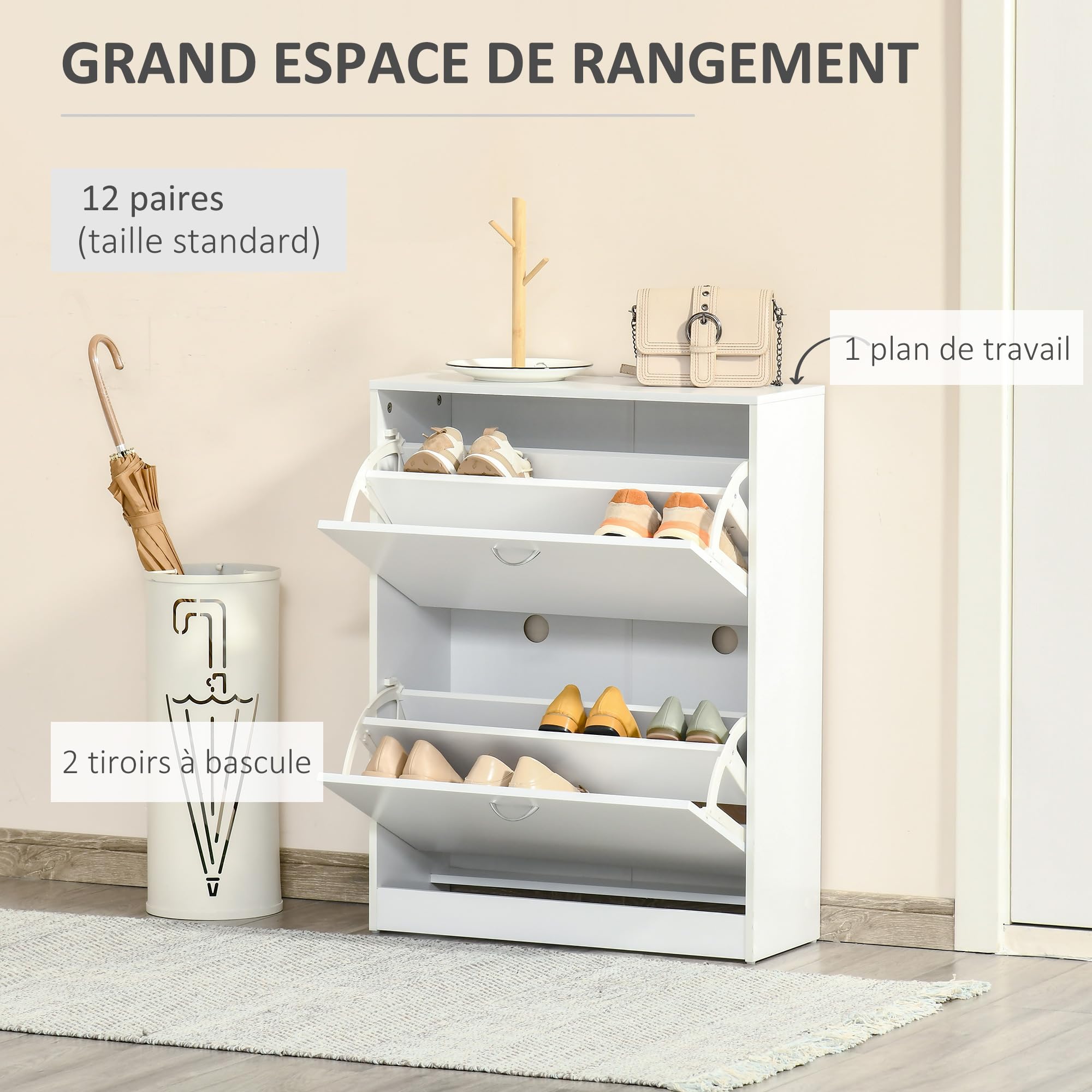 HOMCOM Armoire à Chaussures 2 Portes Abattantes 60L x 24l x 80H cm Blanc | Meuble à Chaussures