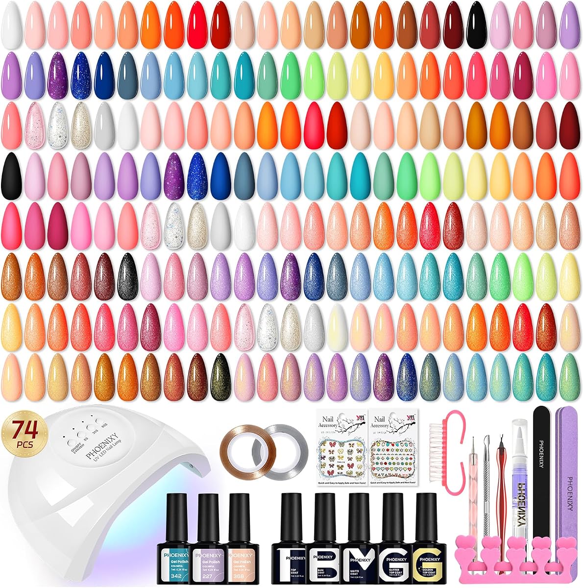 PHOENIXY Kit de esmalte de uñas de gel con luz U V, 74 piezas, kit de uñas de gel, juego de esmalte de uñas de 55 colores, juego completo de uñas con capa base y 4 efectos de capa superior, herramientas de manicura, regalo de Navidad para mujeres
