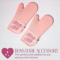 Vista 6 de Paris Hilton Oven Mitt Set with Iconic That's HOT Design, Heat Resistant Pot Holders Featuring Non-Slip Textured Silicone Grips, 2-Piece Set, Pink