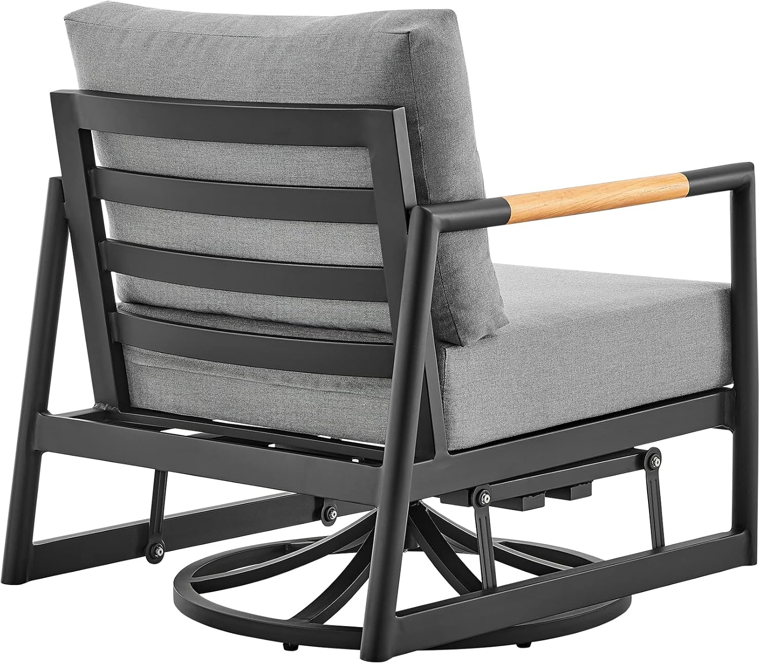 Armen Living Royal Outdoor Patio Swivel Glider Lounge Chair in Black Aluminum and Teak Wood with Cushions