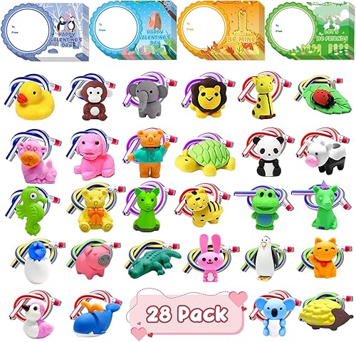 Paquete de 28 regalos para el día de San Valentín para niños, tarjetas de San Valentín, regalos de aula con papelería, lápices de borradores de