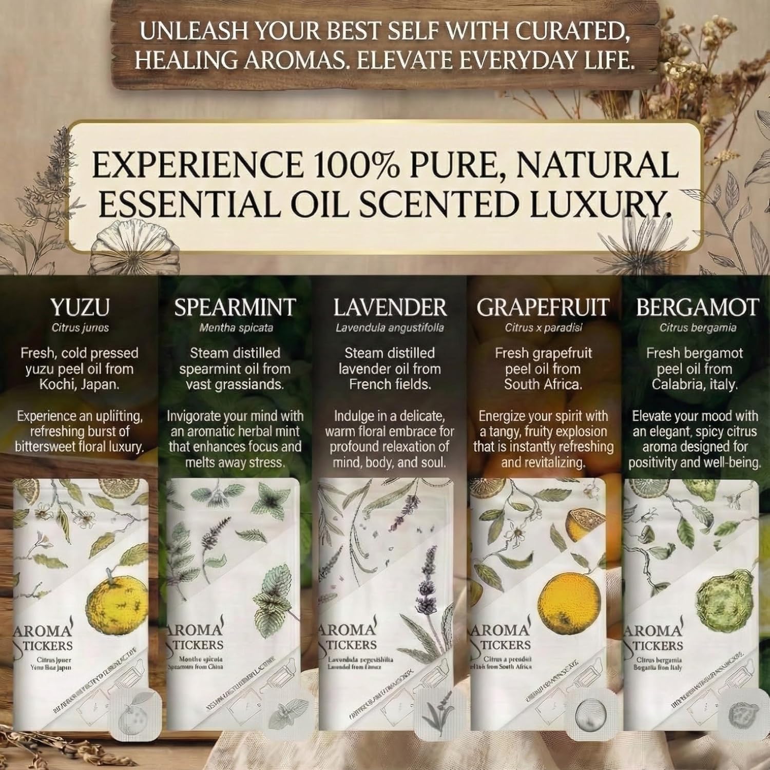 AROMA STICKERS®- (All Scents, Pack of 5) - 100% Natural Essential Oil Stickers for Face Mask & Pillow (12 Stickers/pc) -Pure Essential Oil Scented Patch/Personal Aroma/Relaxing/Refreshing